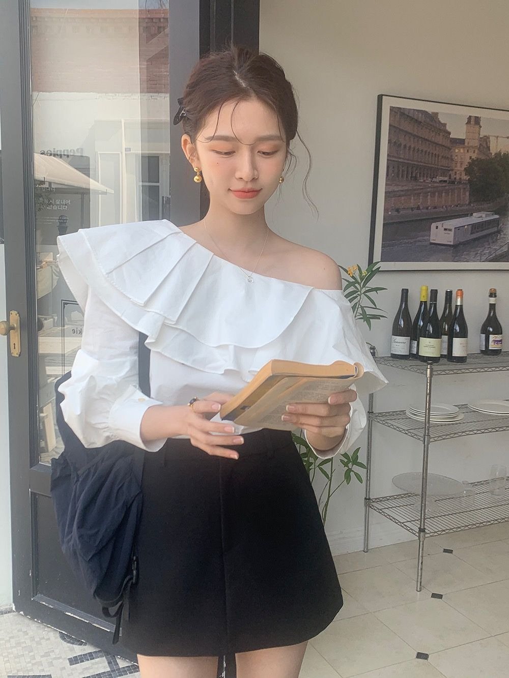 白色荷叶边斜肩长袖衬衫小个子漂亮衬衣小衫