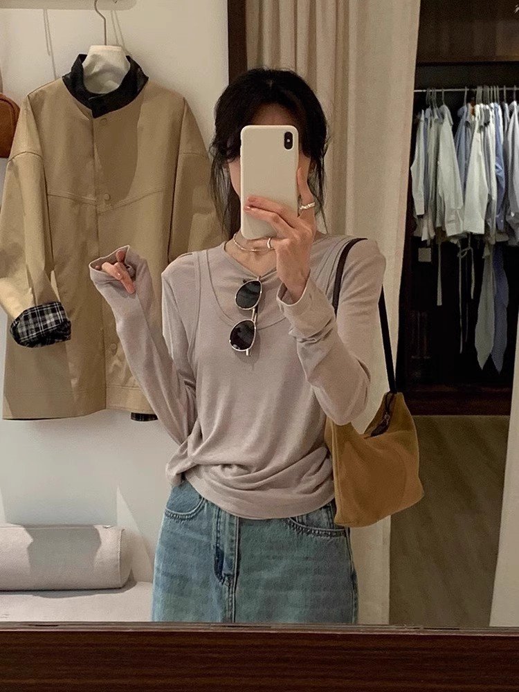 韩系灰色假两件吊带上衣女早春小个子内搭打