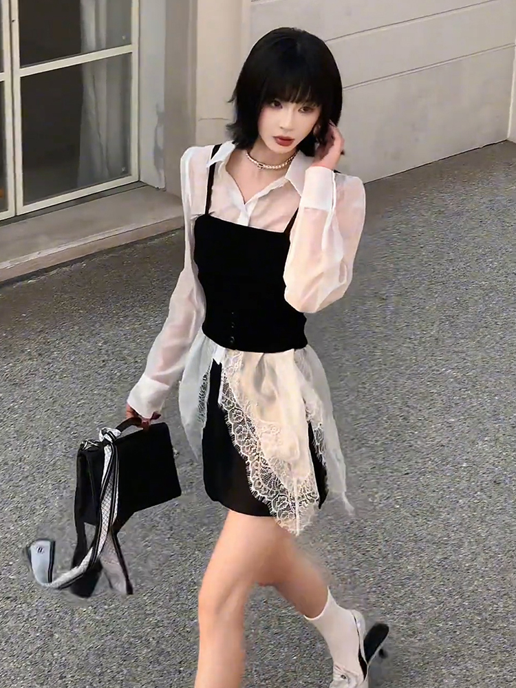 法式气质轻熟风时尚白色衬衫吊带两件套