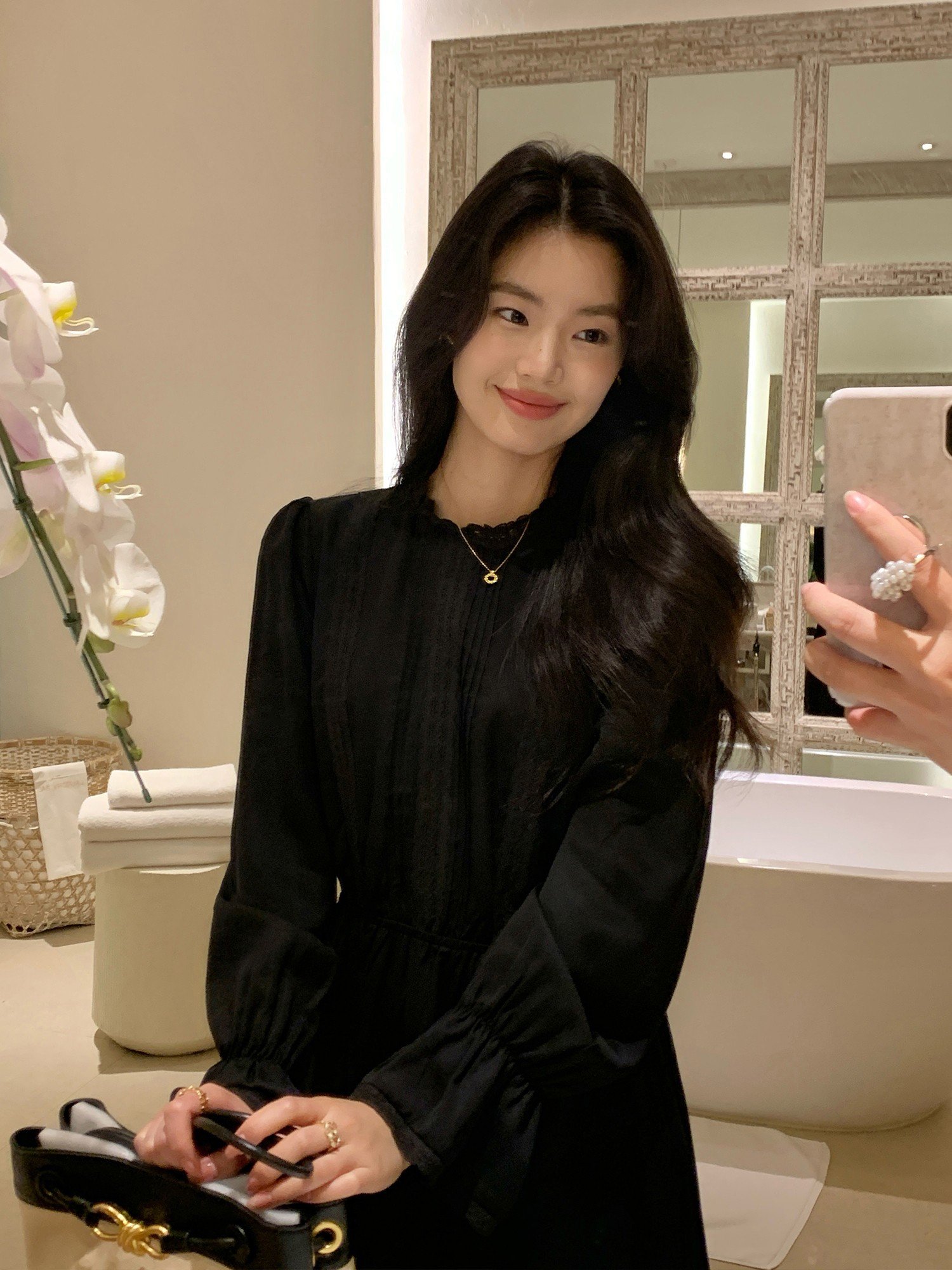 pusumede 黑色法式长袖连衣裙女