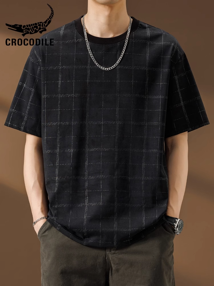鳄鱼恤短袖潮牌设计感格子t恤男