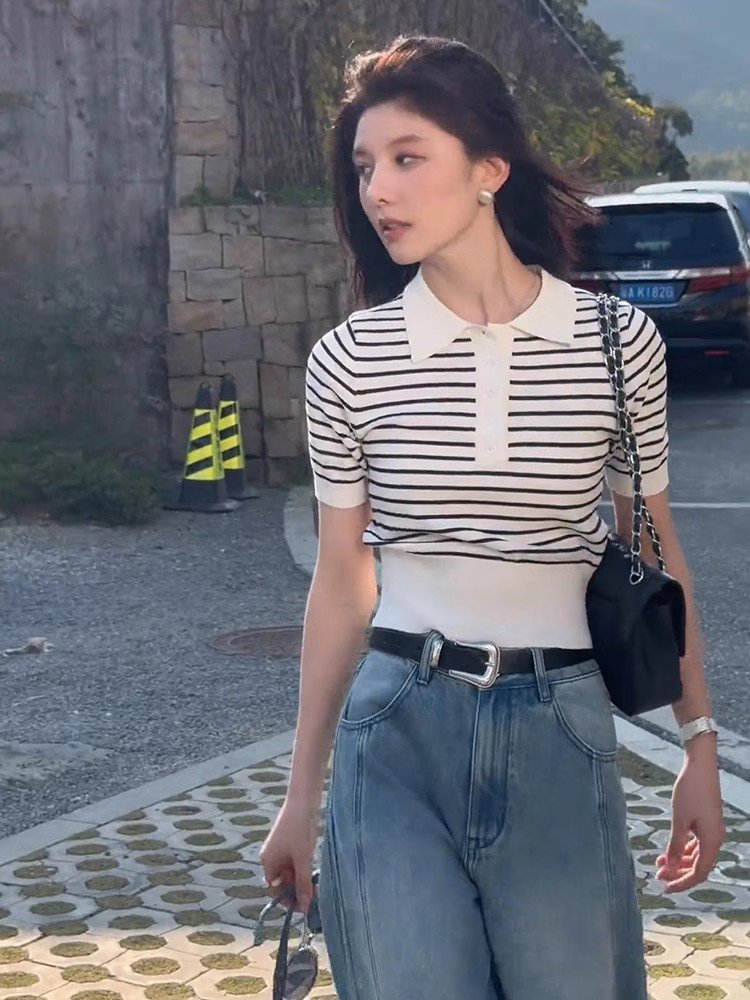 小香风条纹polo领掐腰针织冰丝短袖t恤