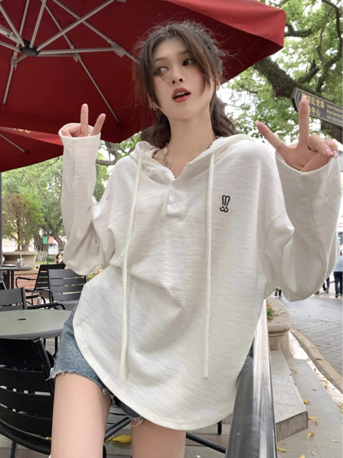 连帽长袖正肩T恤女夏季薄款防晒罩衫抽绳