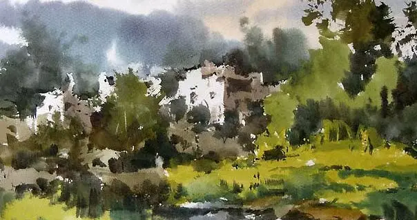 每日一画 | 溪光摇碎云边影 村在青林罨画中——村边的小河·写意水彩