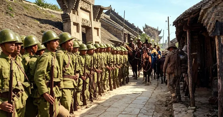 1938年5月，沦陷后的蒙城千疮百孔，日军举行了耀武扬威的入城式
