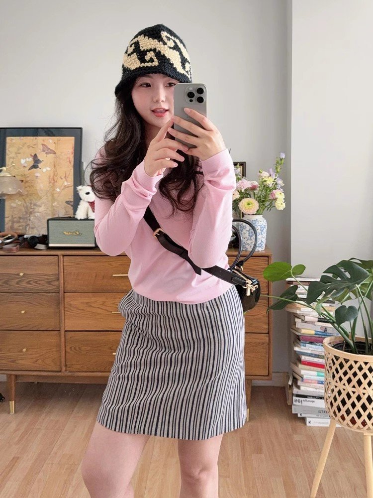 韩系粉色v领长袖正肩t恤女春秋小个子独特