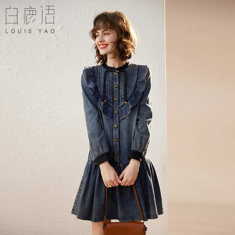 白鹿语撞色小立领盘扣洗水牛仔裙春款风琴褶荷叶边连衣裙女