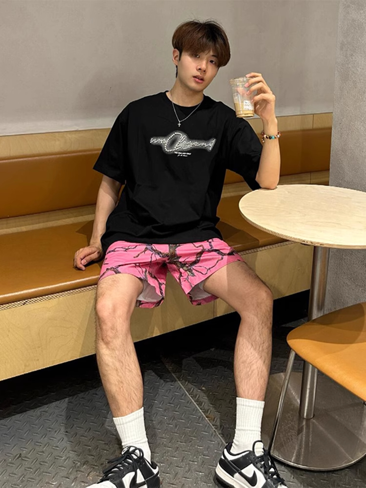美式复古树枝涂鸦运动短裤男款夏季薄款冰丝