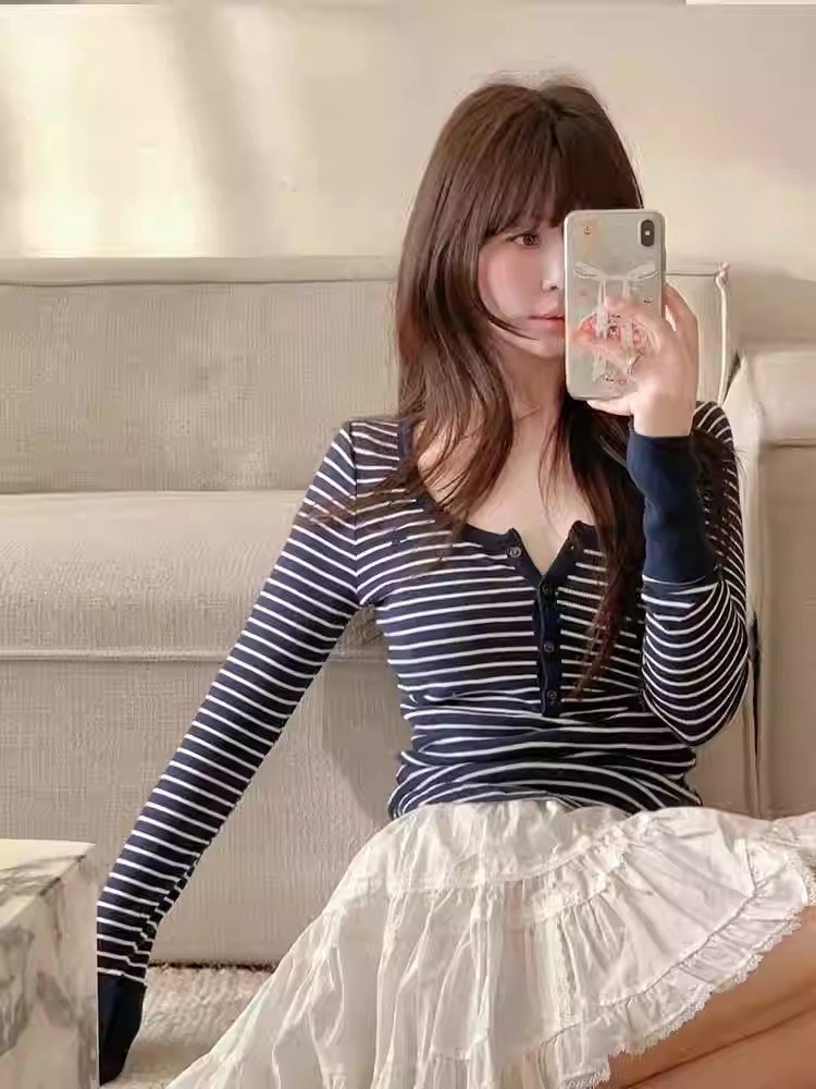 美式辣妹藏蓝色条纹v领长袖t恤女春秋季小