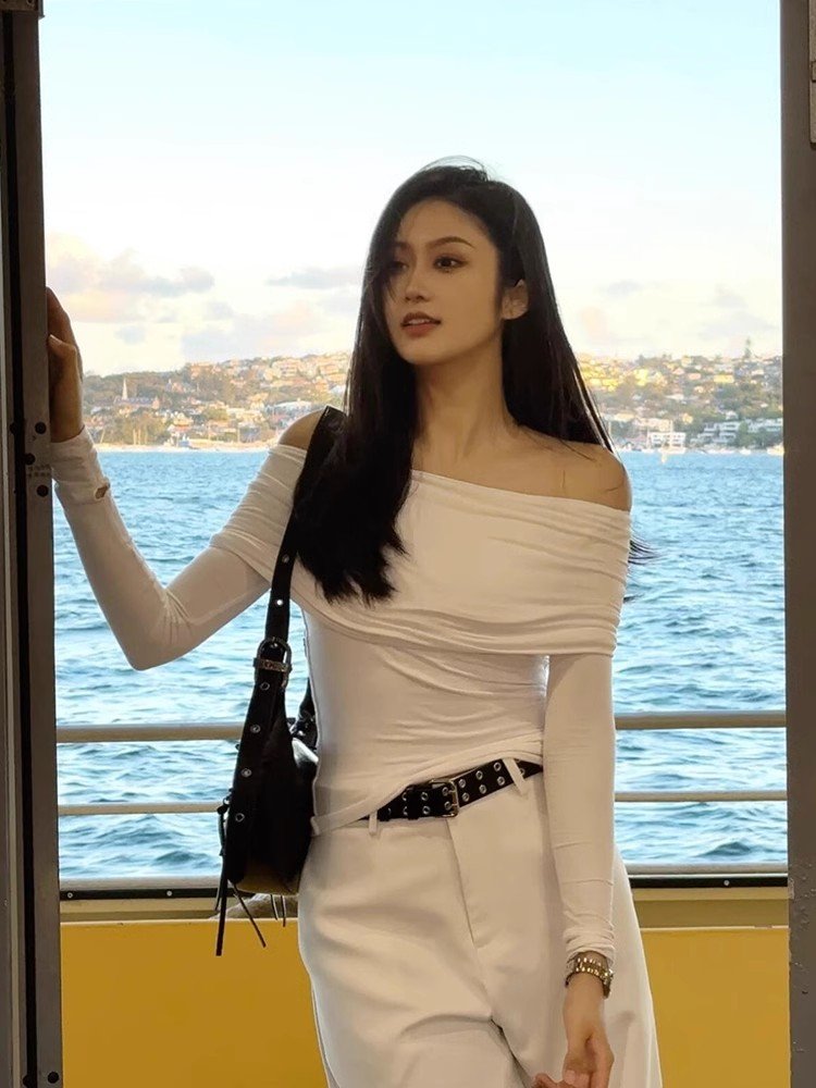 法式白色一字肩修身长袖t恤女春秋季202