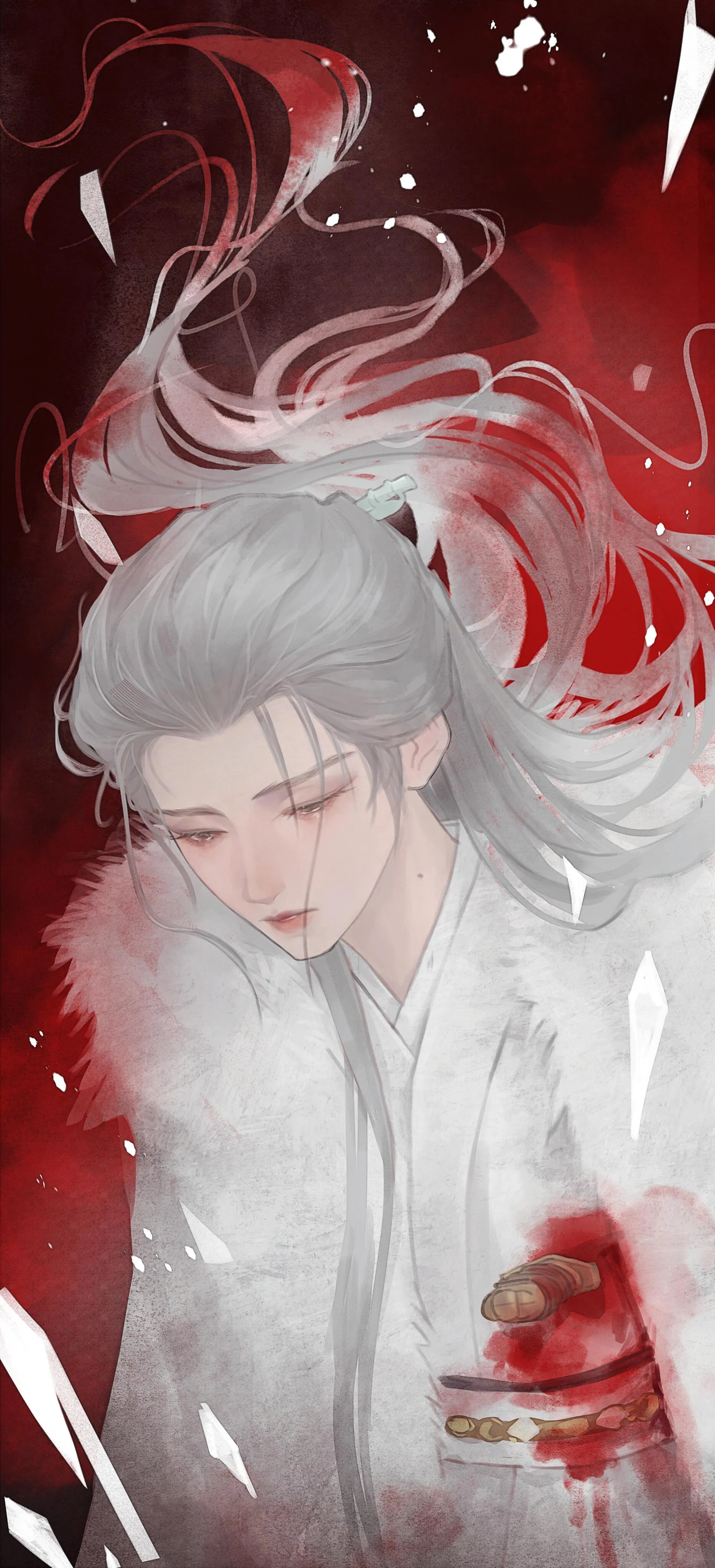 背景浓丽的红色衬的一身白的小淮又纯又艳！为什么我始终eat不到这个美人淮🥹