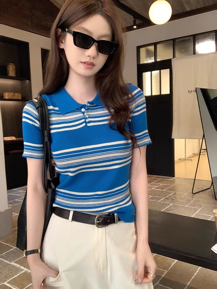 法式蓝色条纹polo领针织冰丝独特绝美小