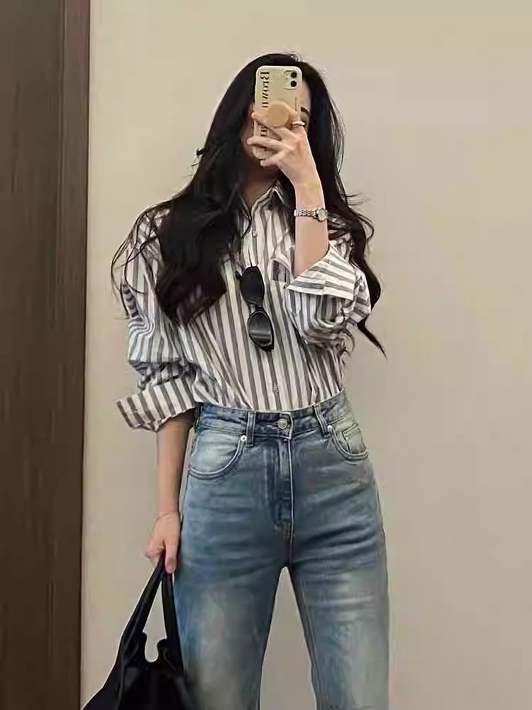 法式气质撞色条纹POLO衫衬衫女早春季小