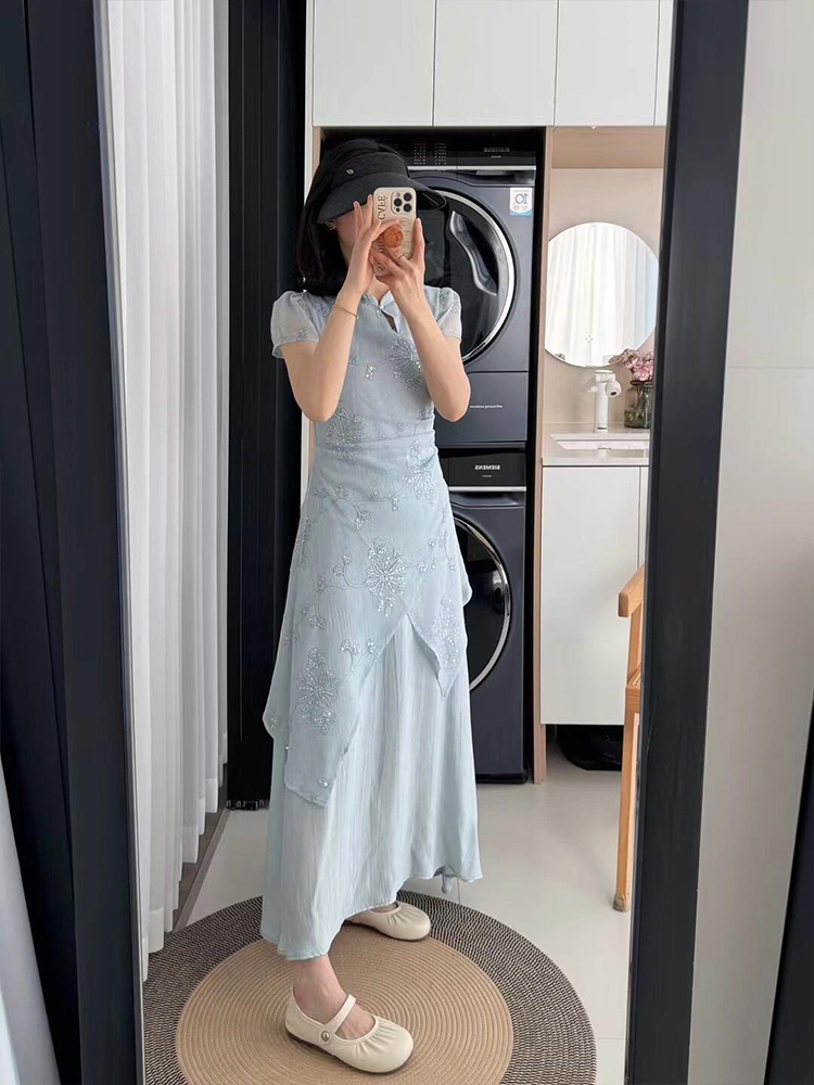 新中式国风优雅连衣裙女夏季2025新款假两件不规则收腰显瘦旗袍裙