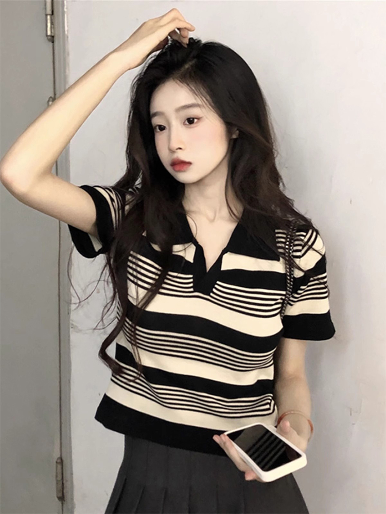 夏季条纹正肩短款T恤女短袖设计感小众显瘦