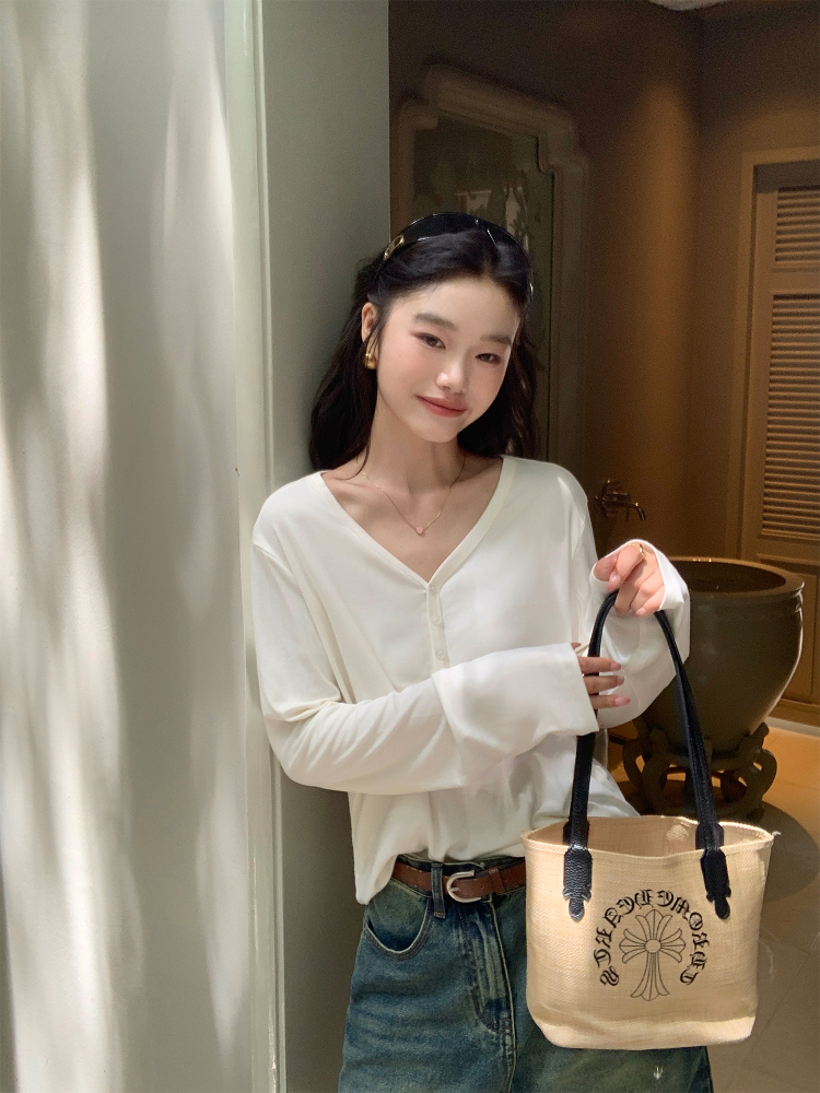 v领长袖t恤女宽松慵懒休闲简约针织上衣
