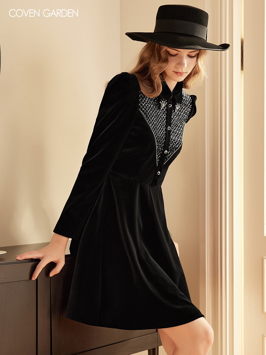 复古巴洛克黑色丝绒连衣裙
