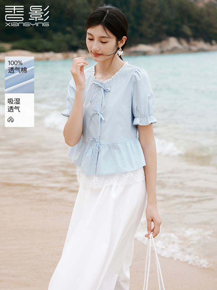 香影蓝色纯棉衬衫女短袖上衣小衫