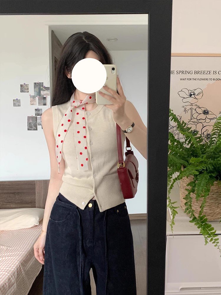 法式气质杏色冰丝针织无袖t恤女夏季小个子