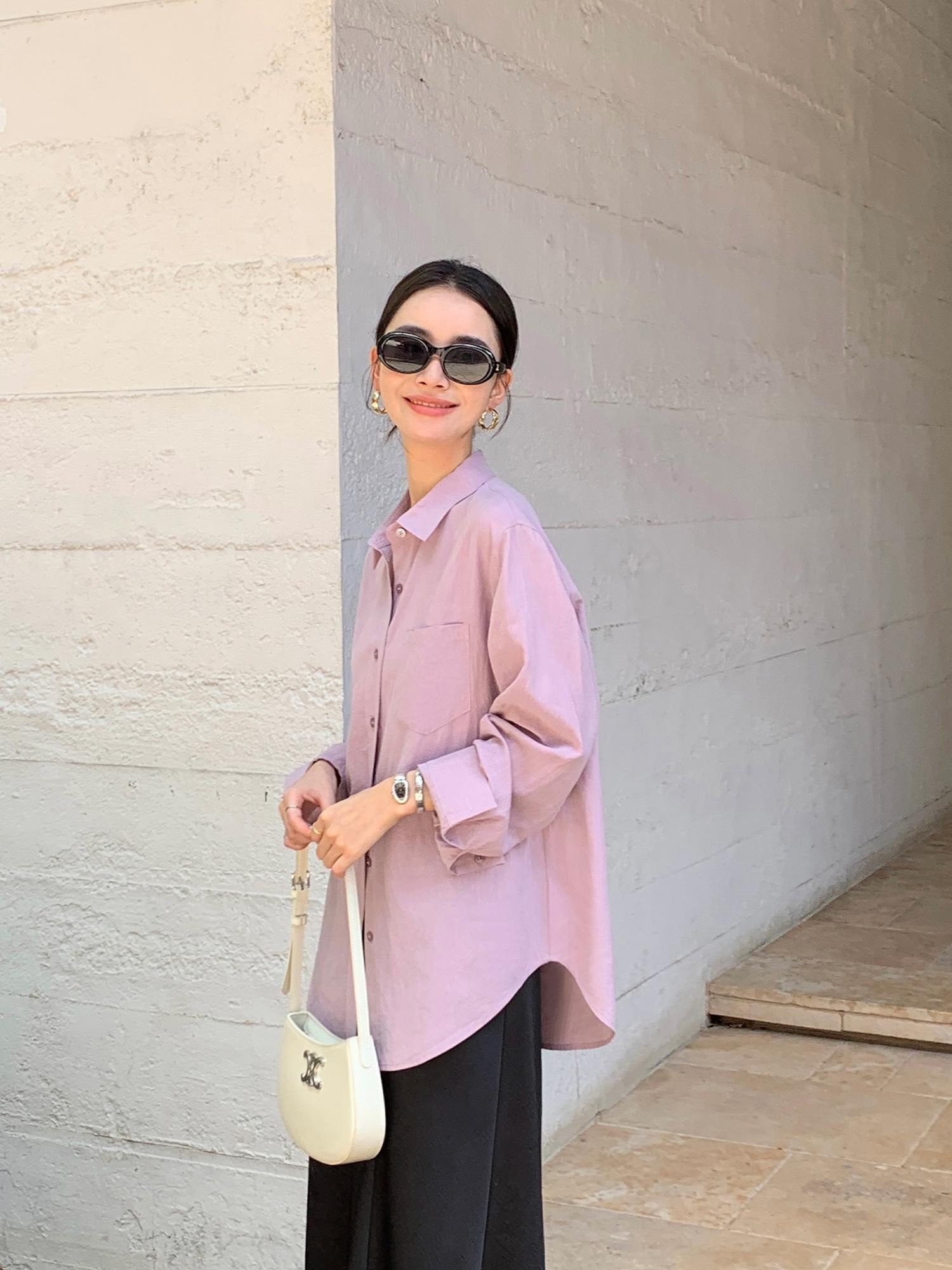 韩系宽松长袖天丝衬衫
