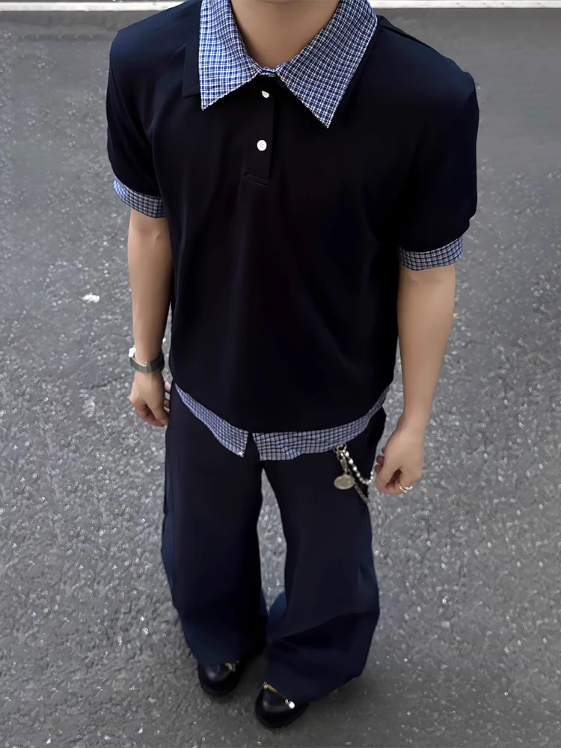 藏青色格子拼接短袖polo衫男夏季美式复