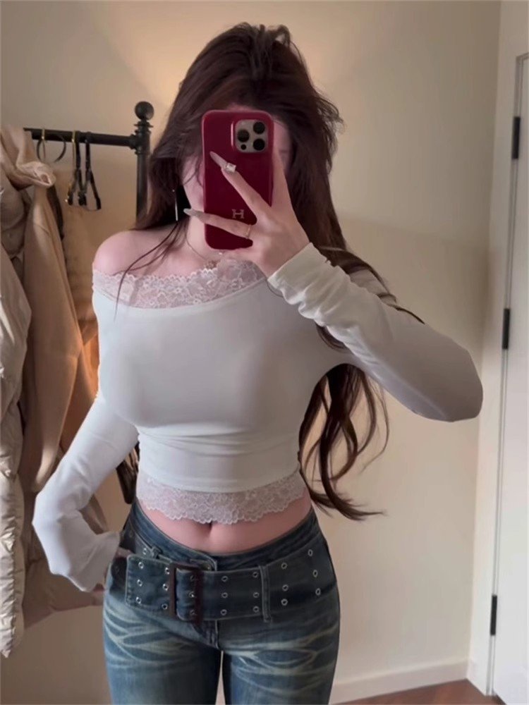 纯欲白色蕾丝斜肩长袖t恤女早春季小个子修