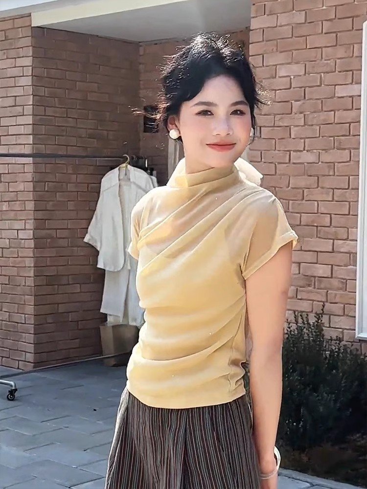 韩系黄色半高领针织冰丝小飞袖短款上衣女夏