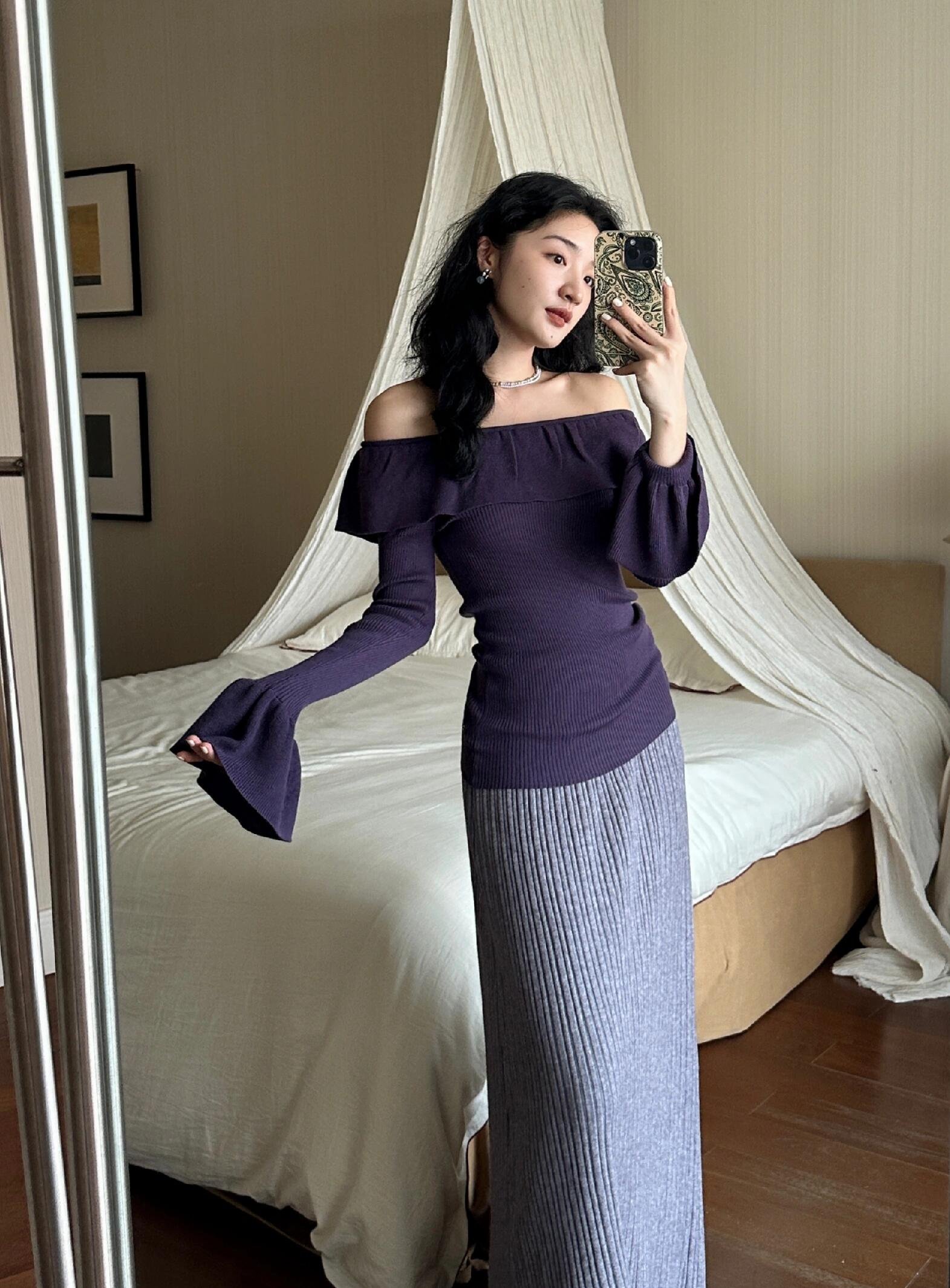 入秋韩系穿搭套装2024新款紫色连衣裙