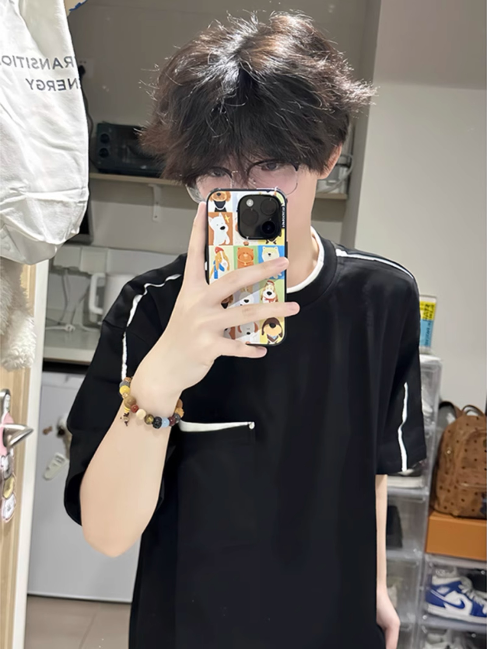 假两件拼接短袖男夏季美式重磅小领口男生t