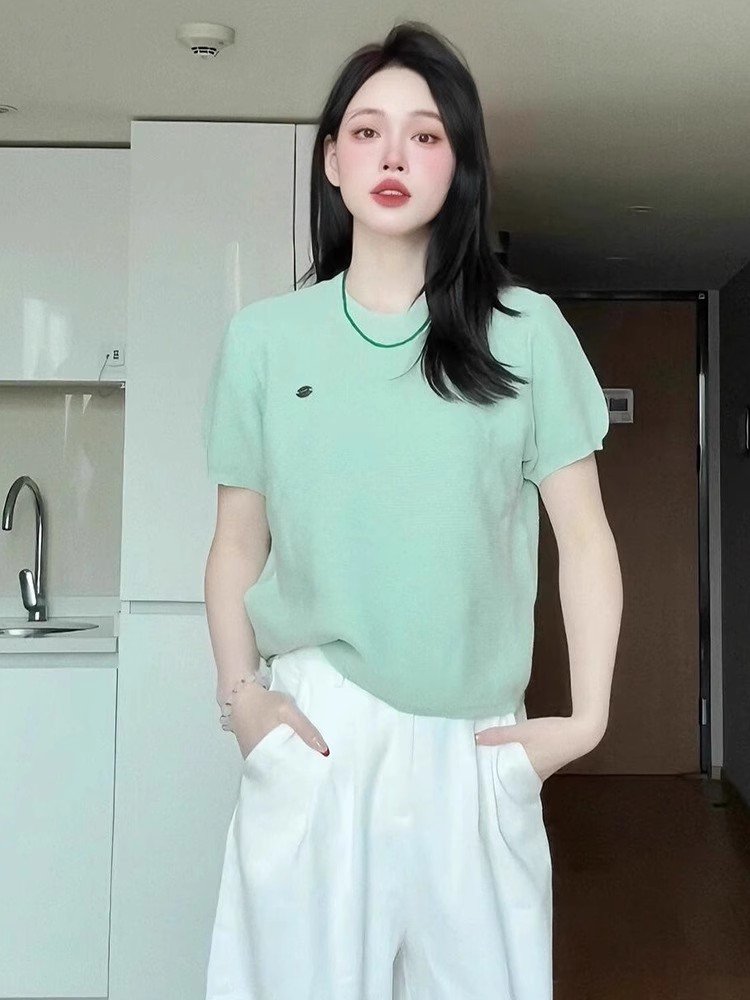 薄荷绿冰丝针织短袖正肩t恤女夏季小个子独