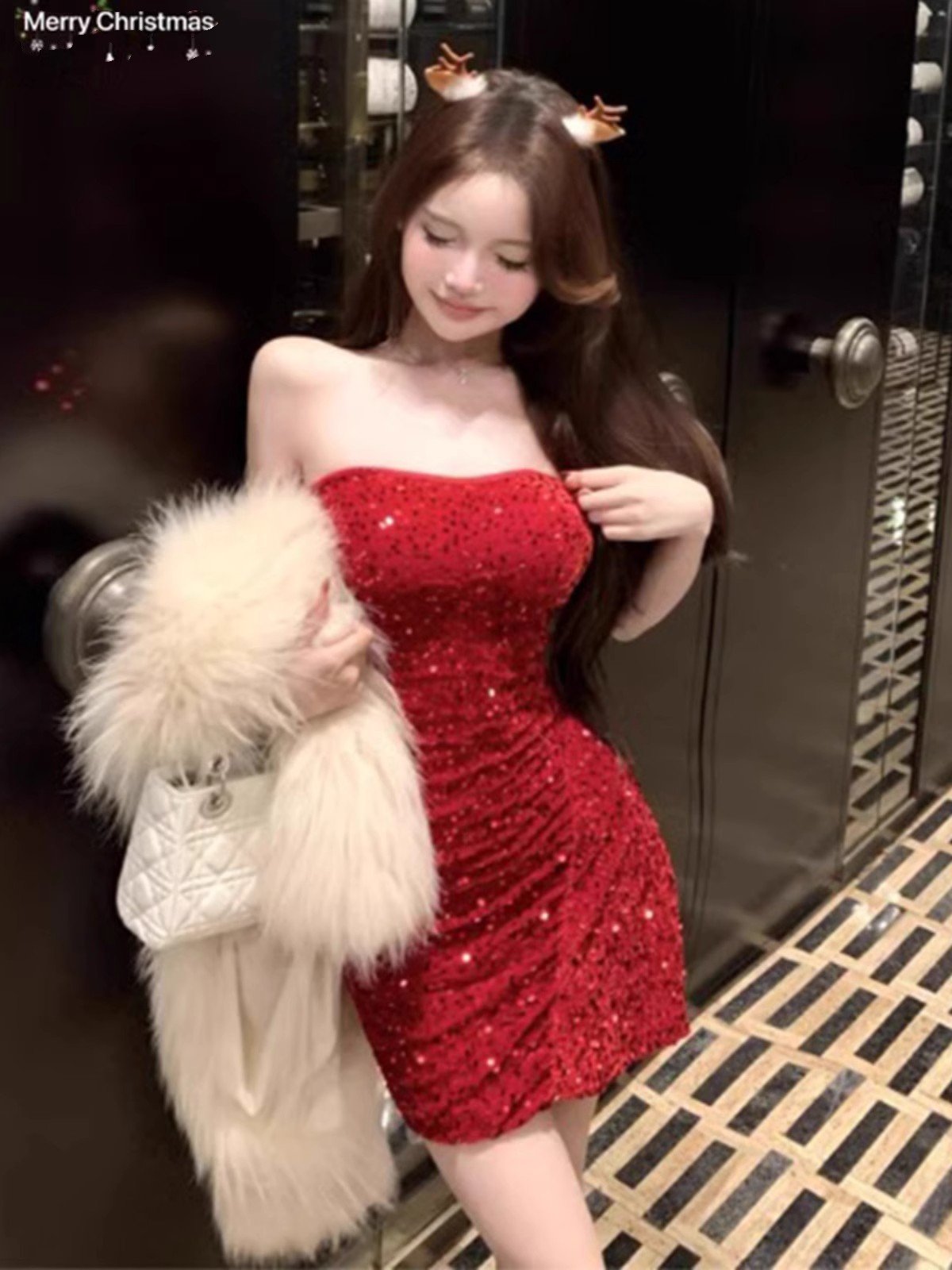 纯欲红色亮片抹胸连衣裙女冬季年会穿搭高级