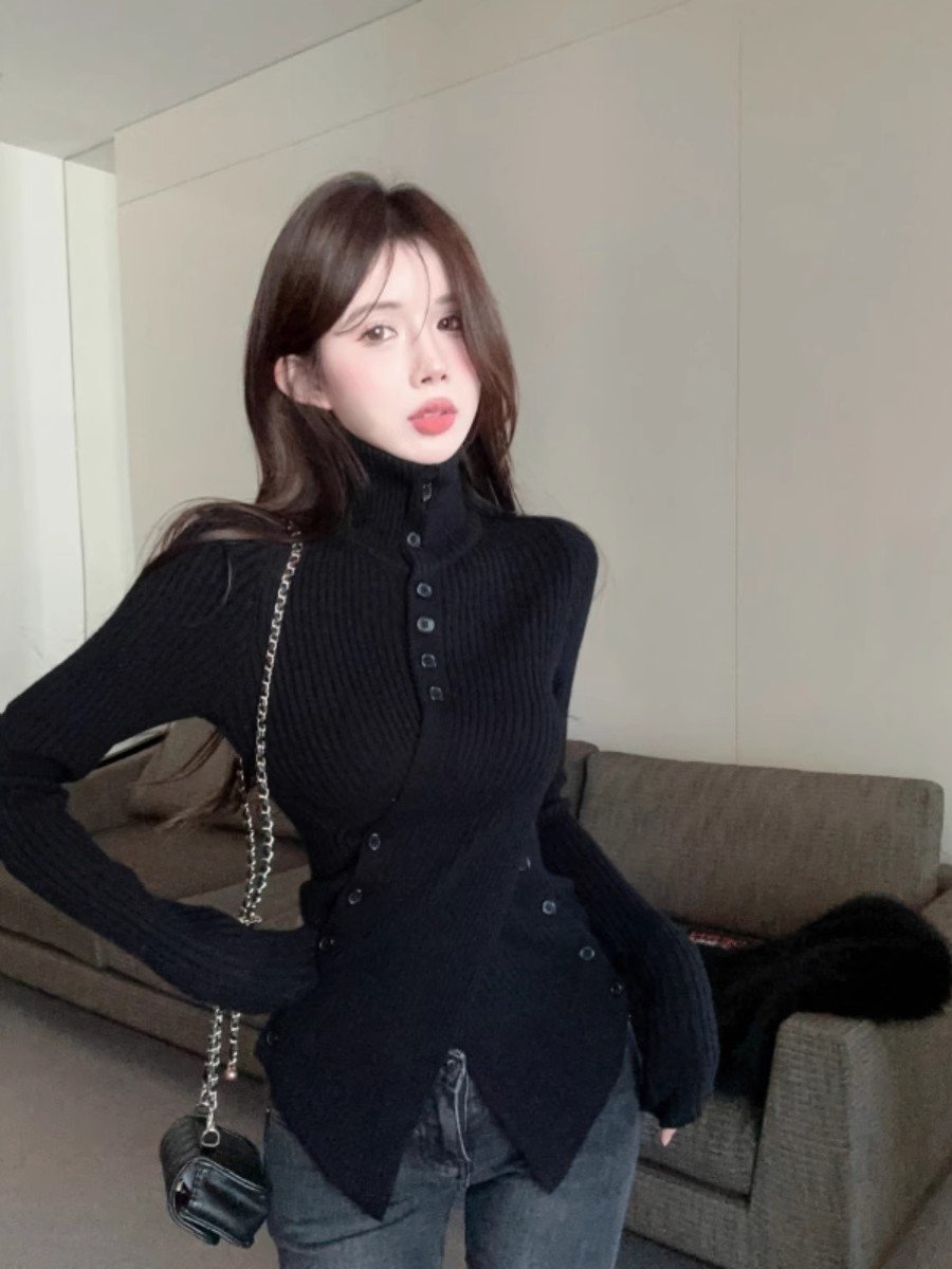 秋季黑色长袖高领针织打底衫女洋气内搭V领