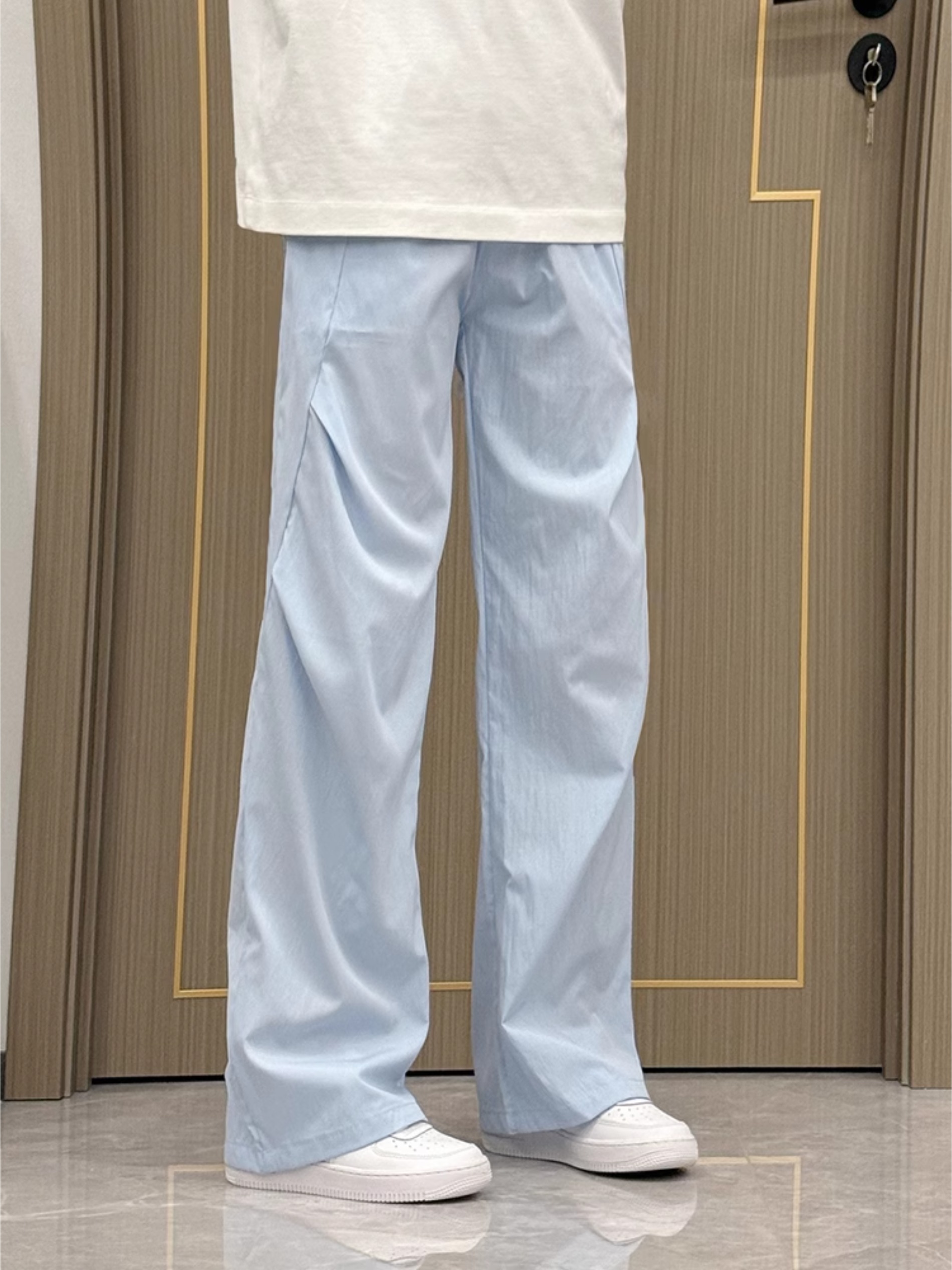 冰川蓝色冰丝速干裤子男款夏季薄款凉感褶皱