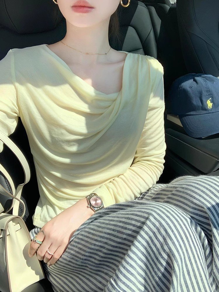 黄色内搭褶皱荡领长袖t恤女春秋季不规则修