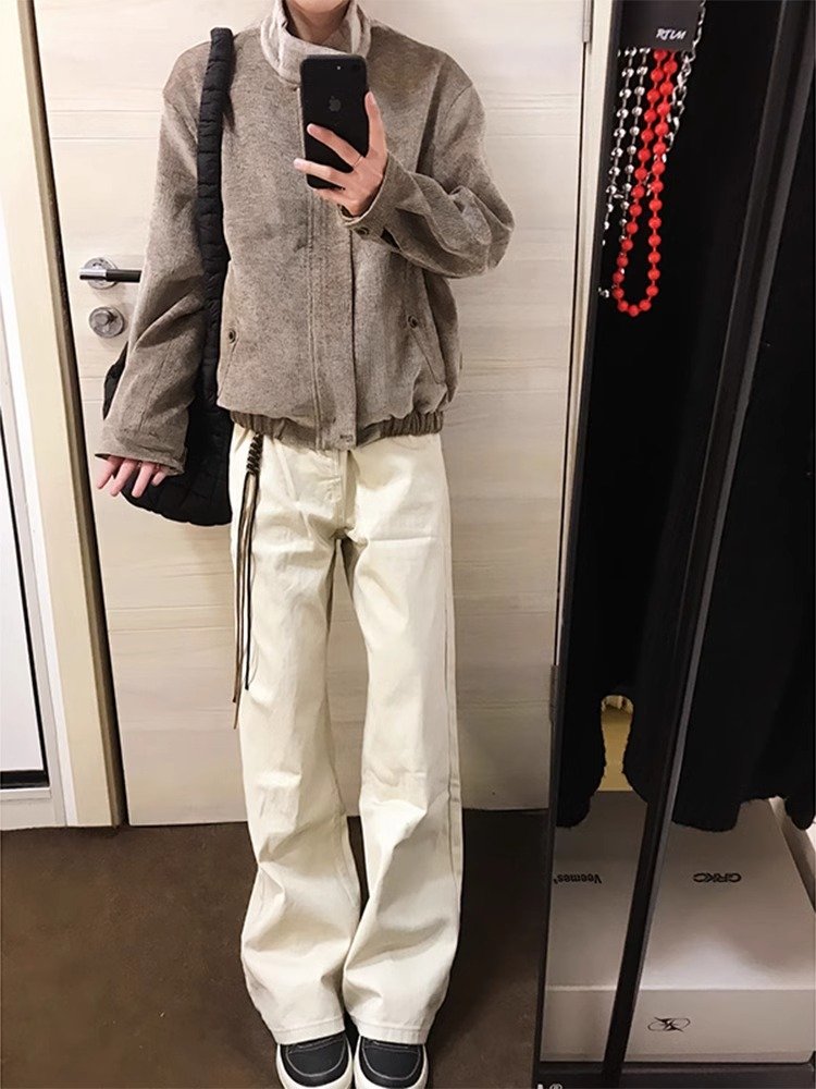 米白色柳叶弯刀裤子男款春秋美式垂感直筒微