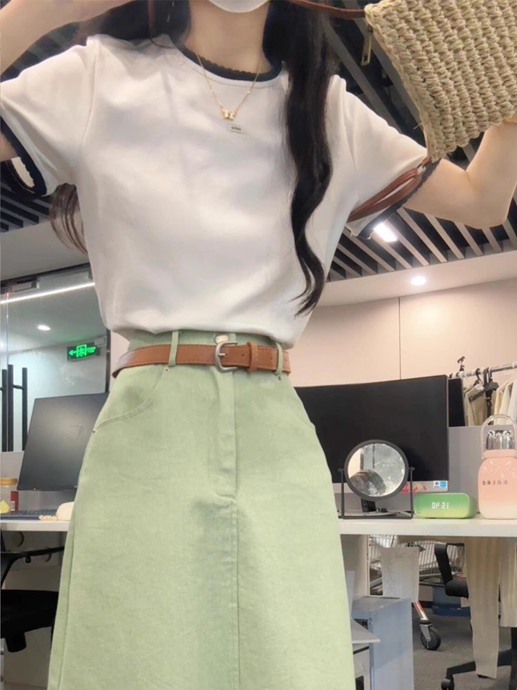 美式复古白色花边圆领正肩短袖t恤女夏季小