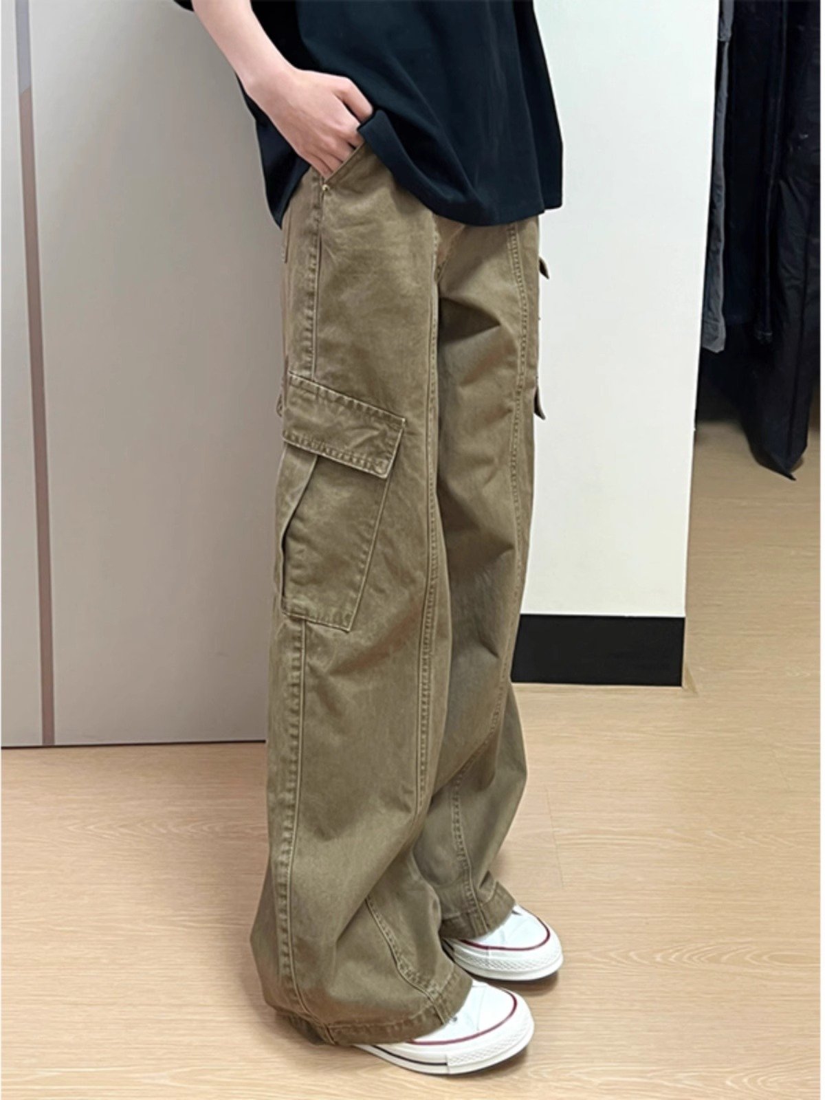 军绿色多口袋工装裤男款春秋美式复古阔腿裤