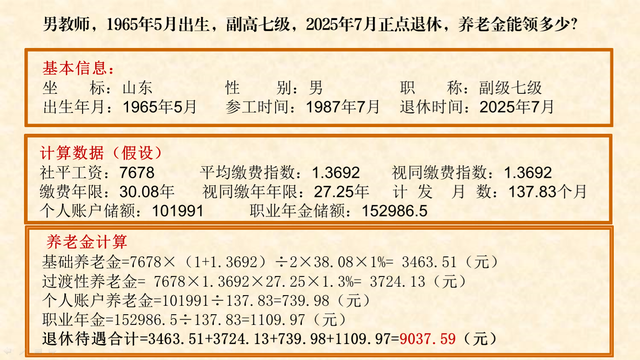 副高男教师，1965年5月出生，2025年7月正点退，养老金能领多少？