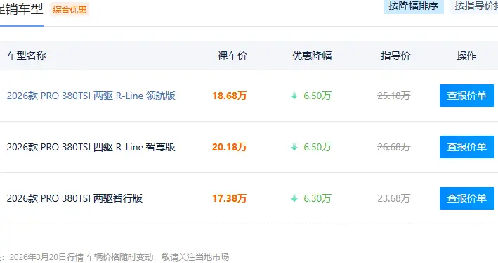 大众途观L价格直降6.5万！网友：老车主已哭晕