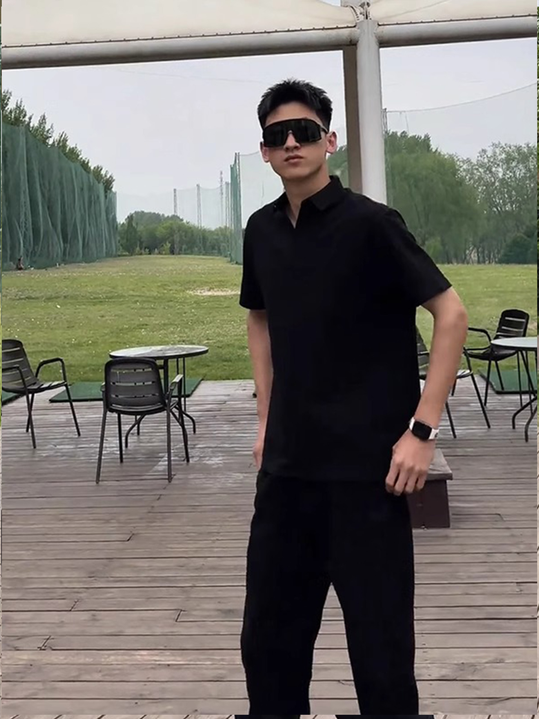 黑色正肩Polo衫短袖男款夏季美式珠地棉