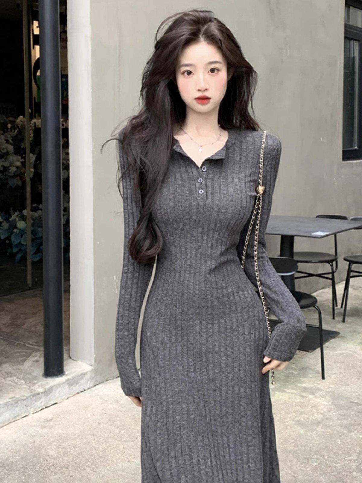 灰色针织长袖毛衣连衣裙女秋冬穿搭大衣内搭