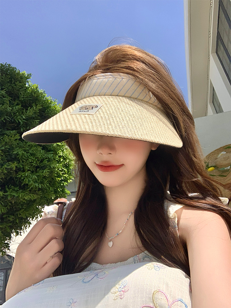 夏季甜美百搭可爱小狗贴布草编空顶防晒帽！