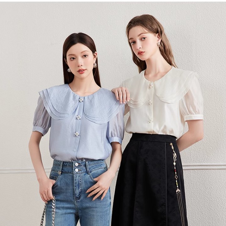 KBNE衬衫女白色短袖娃娃领上衣