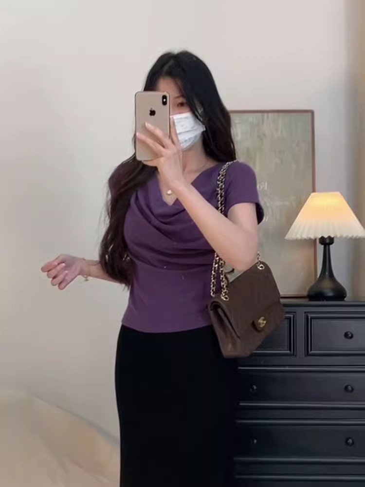 韩系紫色荡领正肩短袖t恤女夏季小个子高腰