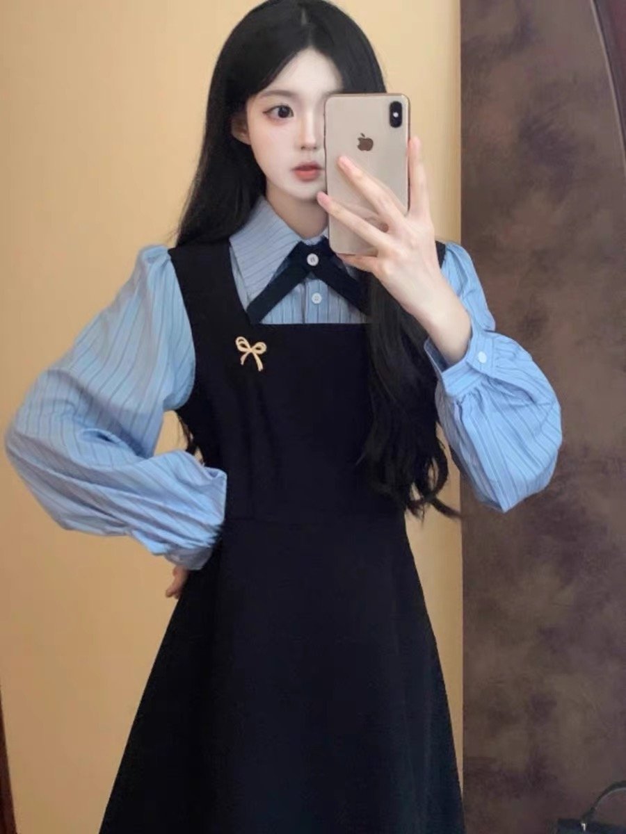 黑色假两件长袖连衣裙法式学院风吊带长裙