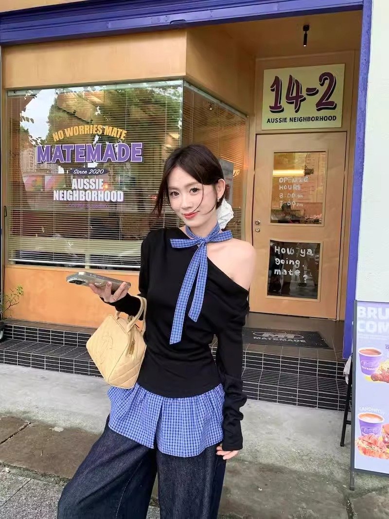 高级感露肩格子假两件拼接长袖t恤女冬季