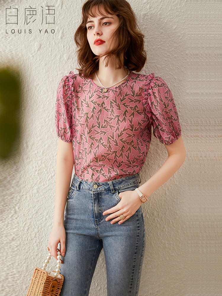 白鹿语设计感印花泡泡袖上衣夏款浪漫时尚圆领套头女式衬衫