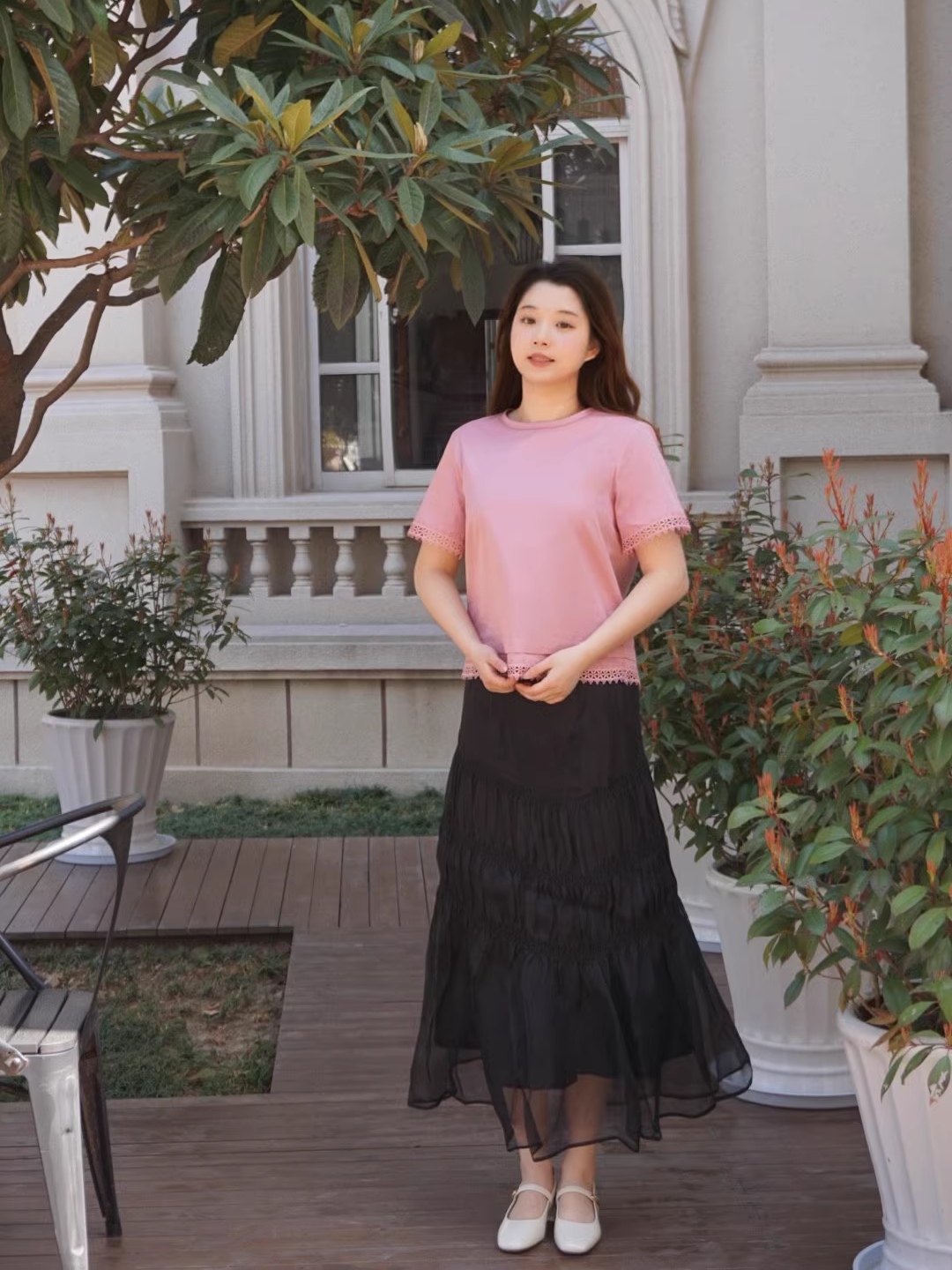 茶愫棉质纯色T恤女圆领正肩上衣