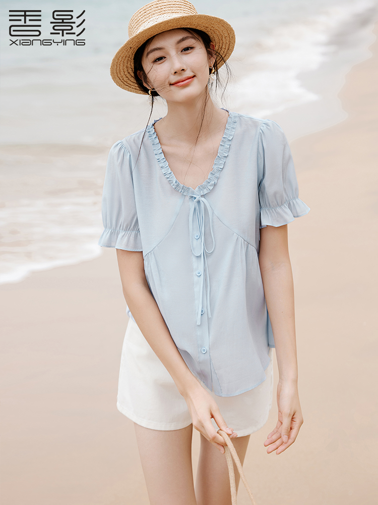 香影蓝色v领衬衫上衣女短袖宽松小衫