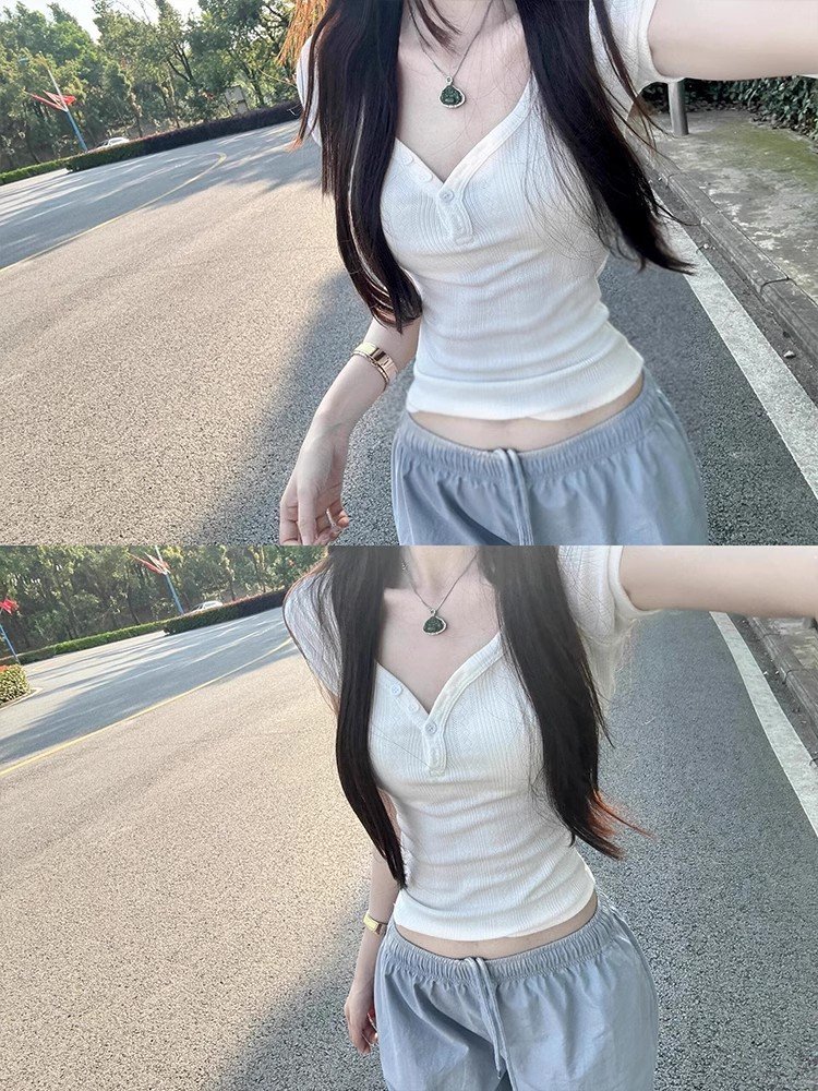 辣妹短款白色v领正肩短袖t恤女夏季甜辣小